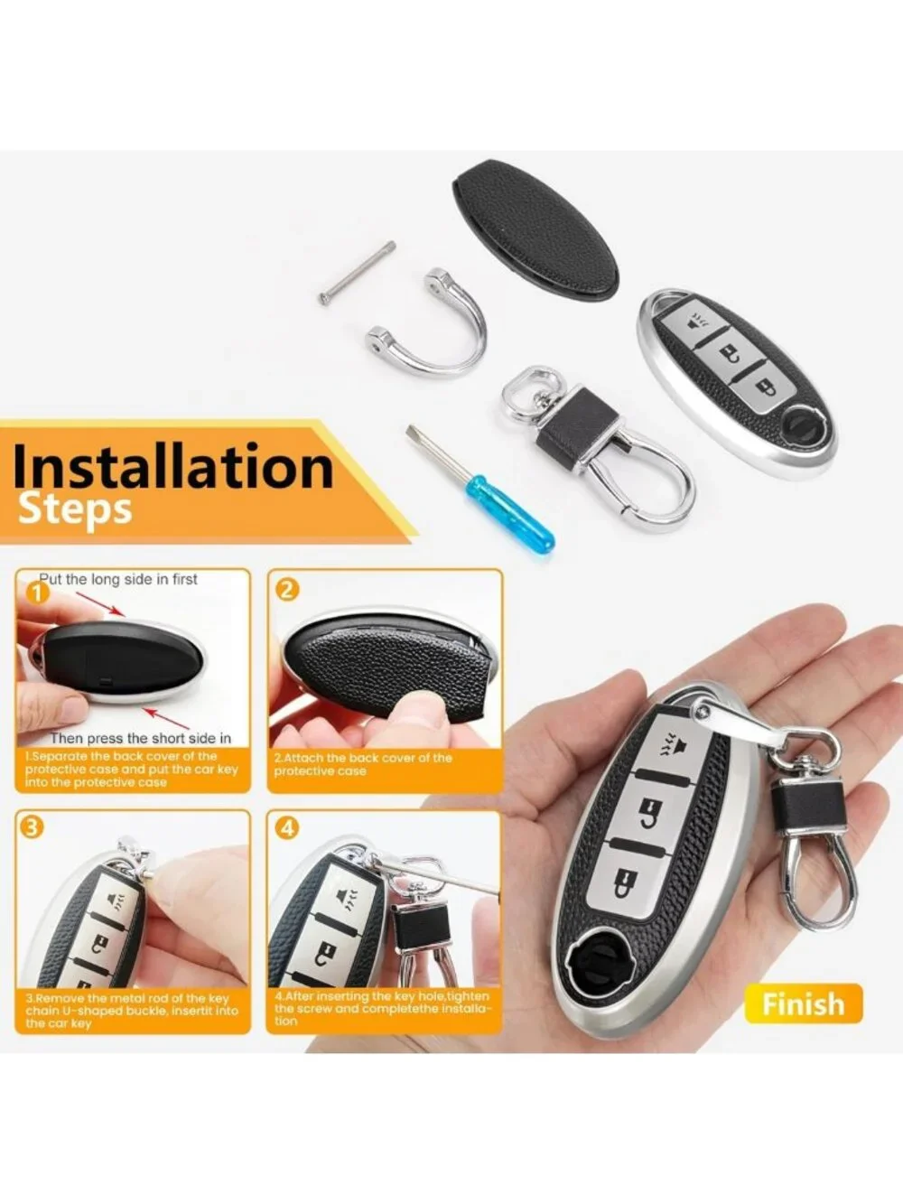 Leather Key Fob Cover for Nissan - Soft TPU Case with Keychain, 3 Button Design